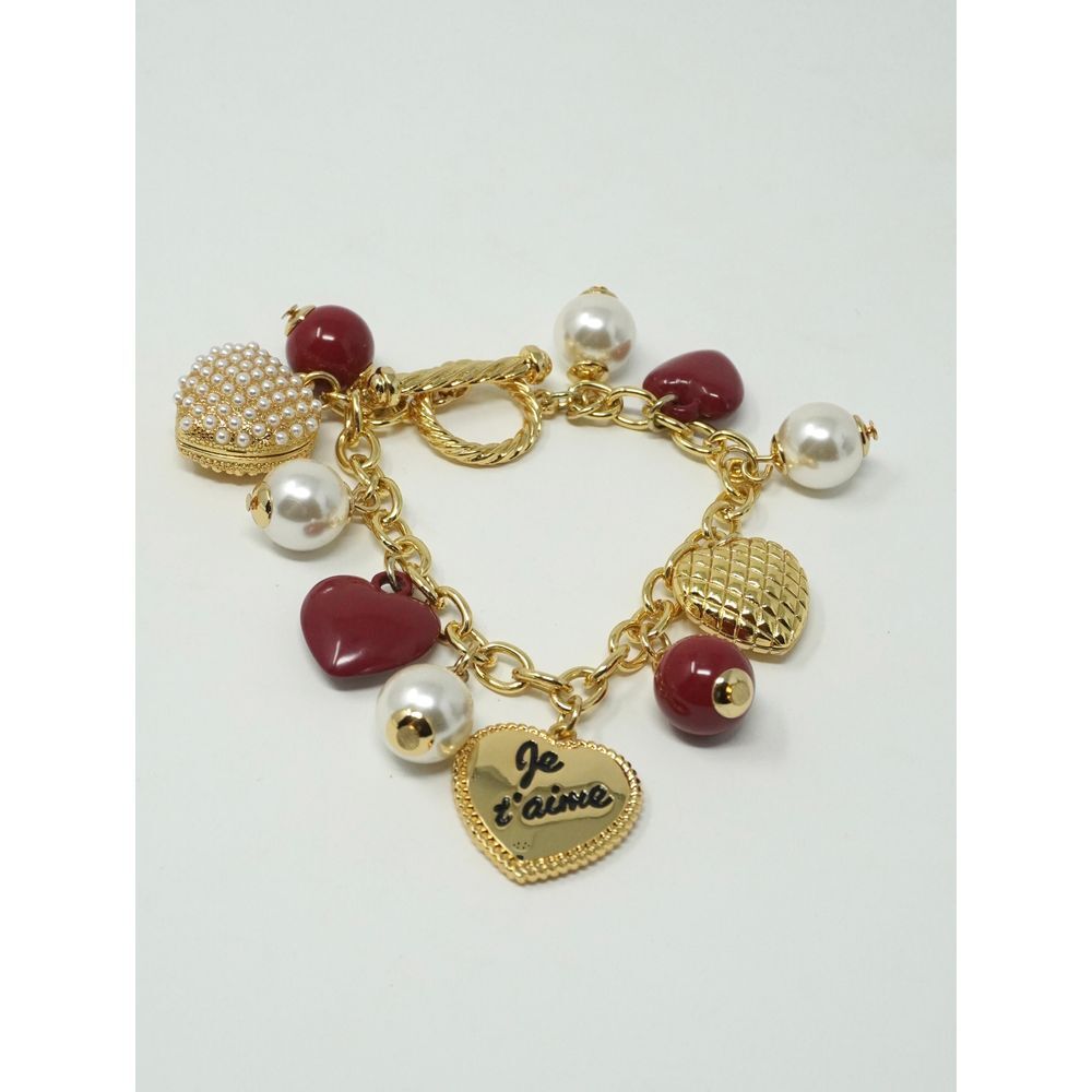 Talbots Je T'aime Charm Bracelet Gold Tone Red & Gold Hearts Pearls Toggle Clasp